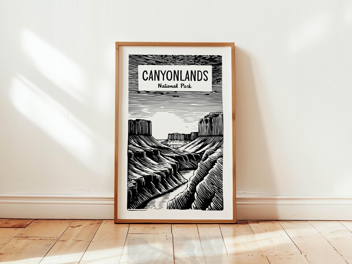 Canyonlands National Park Black and White Woodcut Art Poster