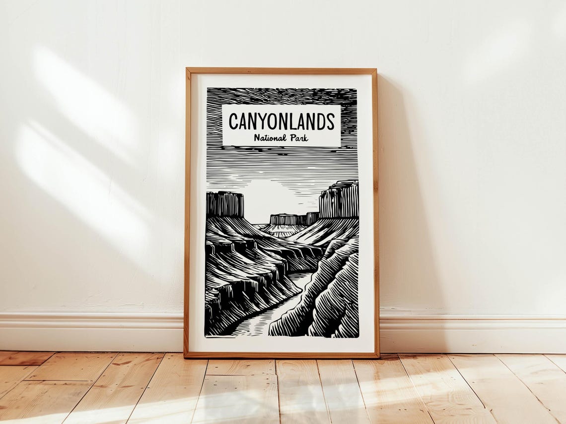 Woodcut Canyonlands Travel Print Retro Canyonlands Art Wall Decor Red Rock Utah Travel Wall Art Utah Desert Outdoorsy Gift For Traveler
