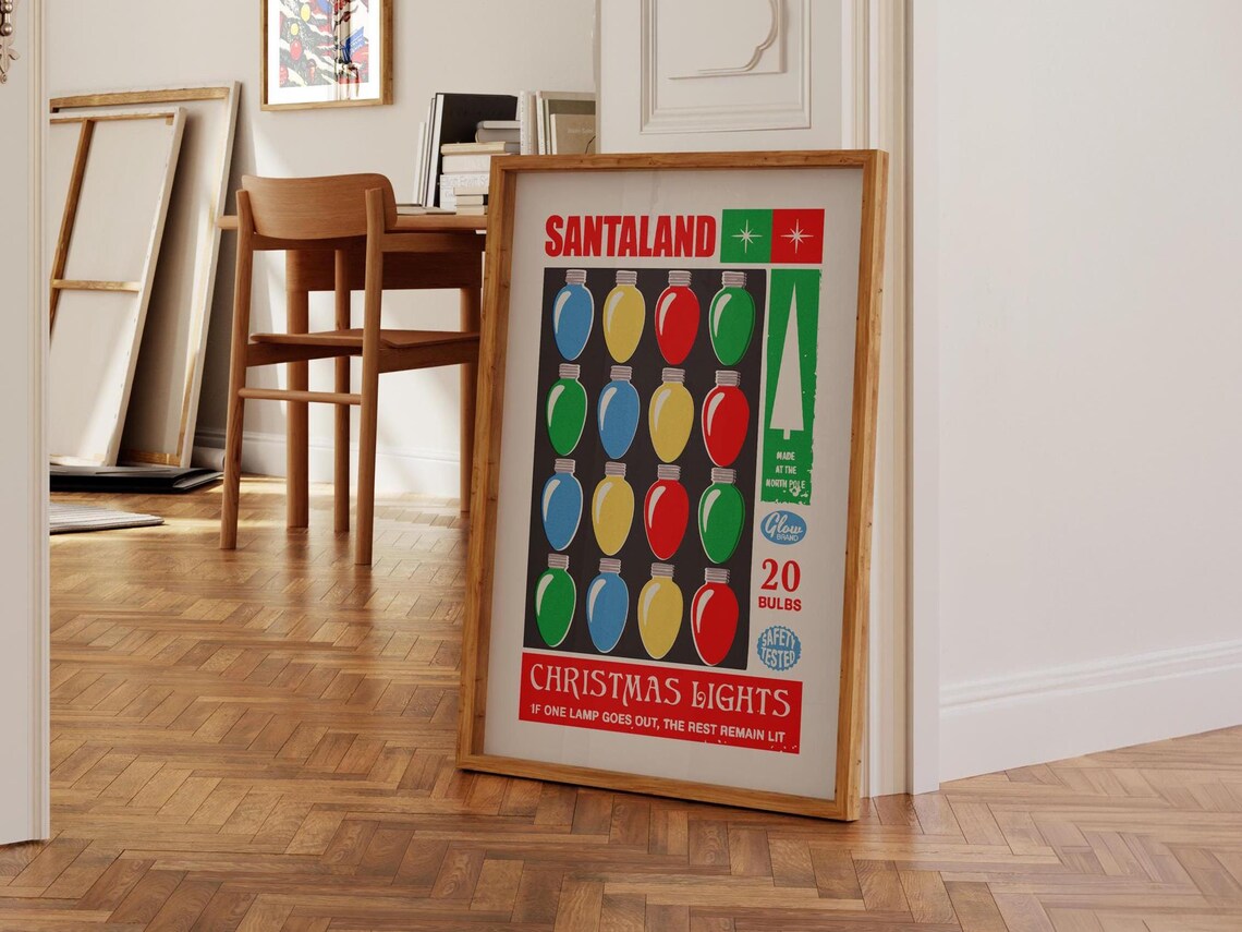 Retro Christmas Lights Art Print, Holiday Kitchen Decor