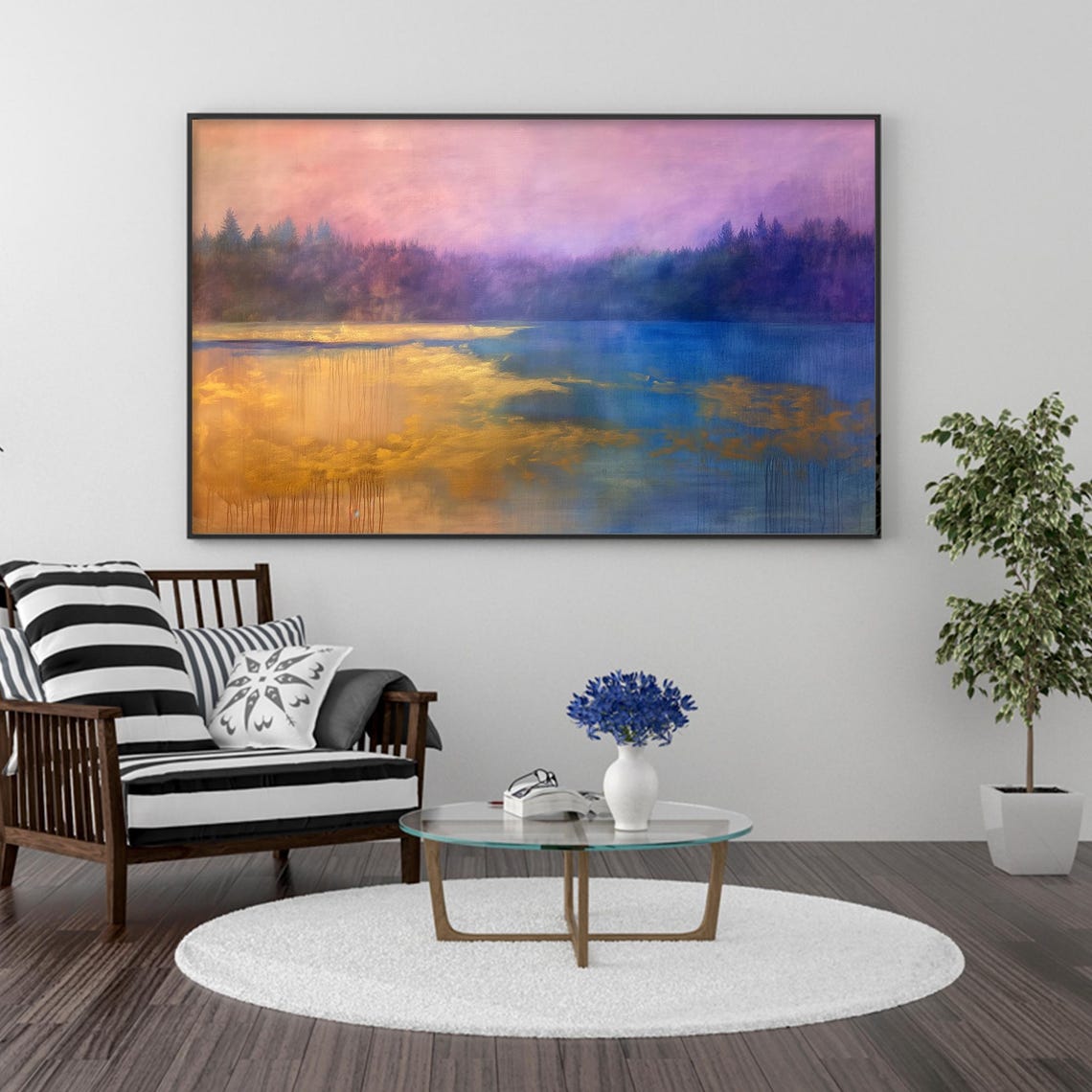 Misty Purple Forest Lake Sunset Golden Reflection Landscape Wall Art - Image 5