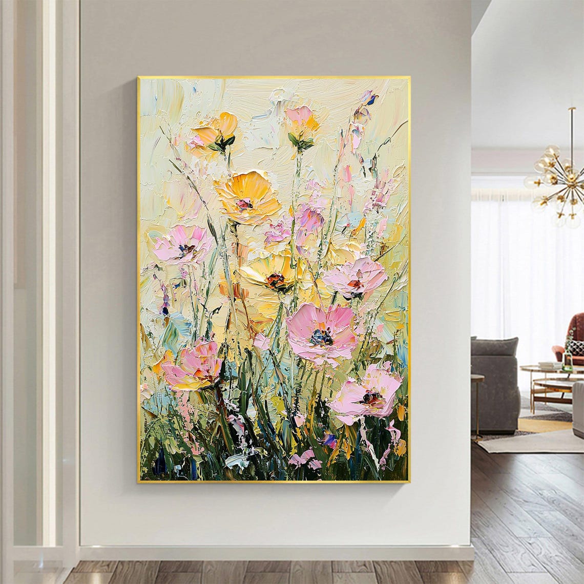 Yellow Pink Wildflowers Blooming on Pale Impasto Floral Wall Art - Image 5