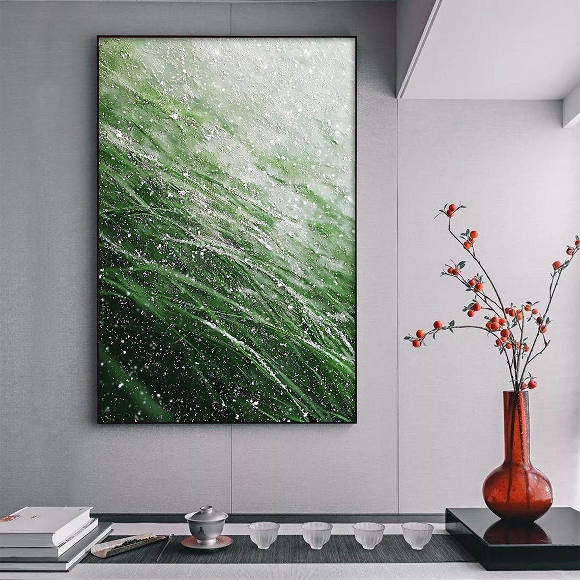 Green Grass Blades Bending Under Falling Snow Winter Nature Wall Art - Image 3