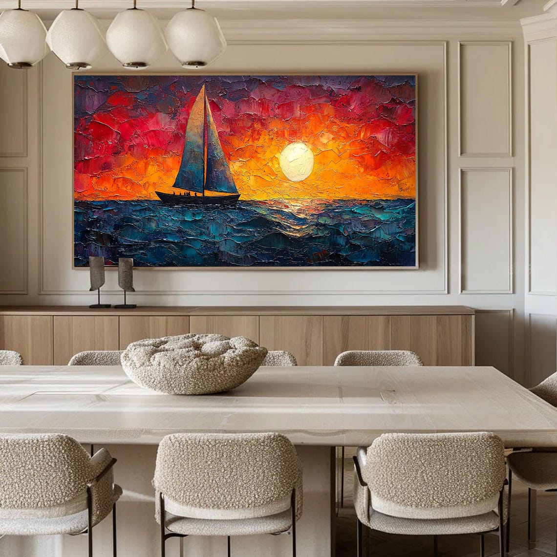 Large Original Sailboat Oil Painting On Abstract Sunset Seascape Painting Nautical Wall Art Custom Painting Living Room Wall Decor - Image 4