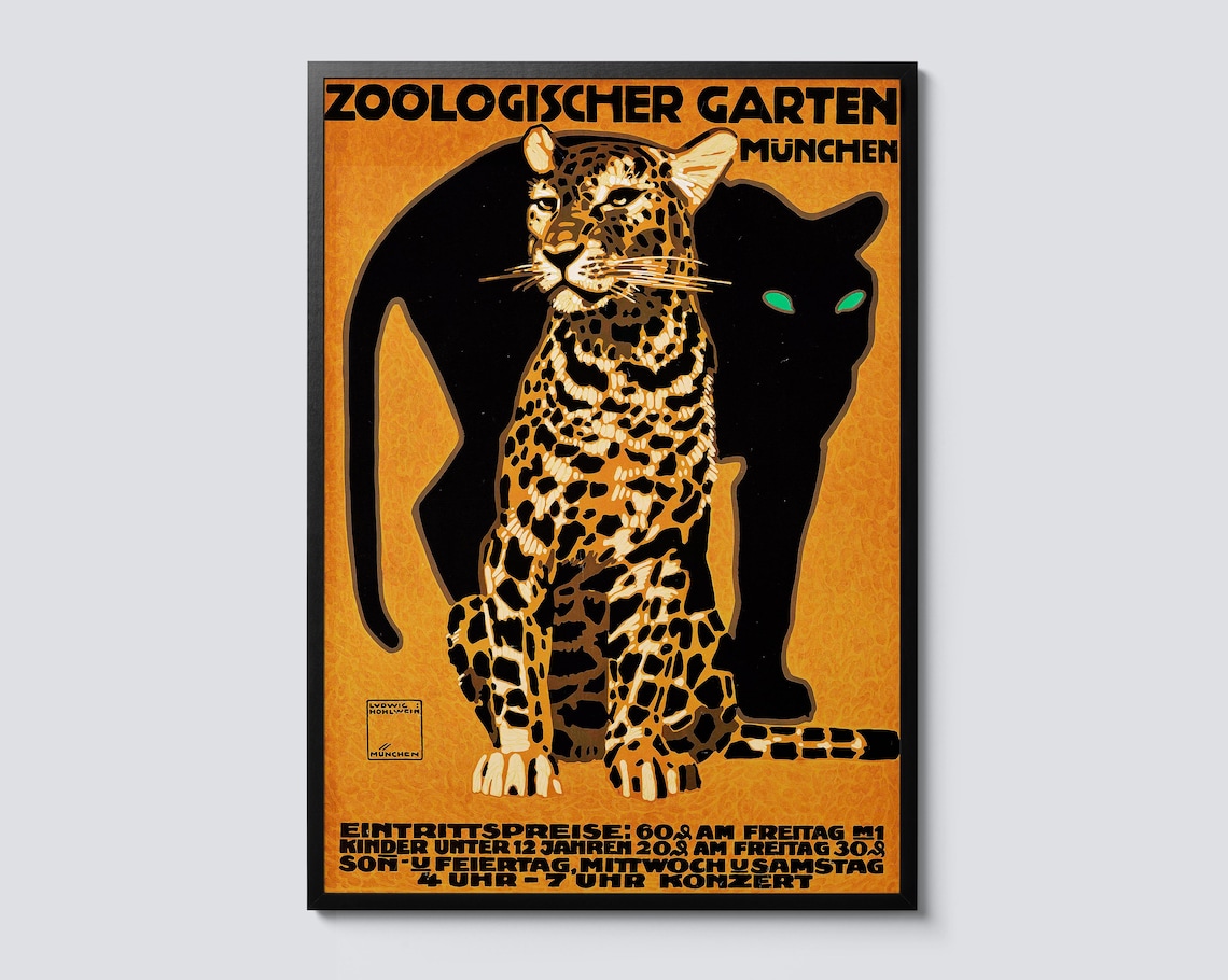 Munich Zoo Leopard Zoologischer Garten Vintage Illustration Poster