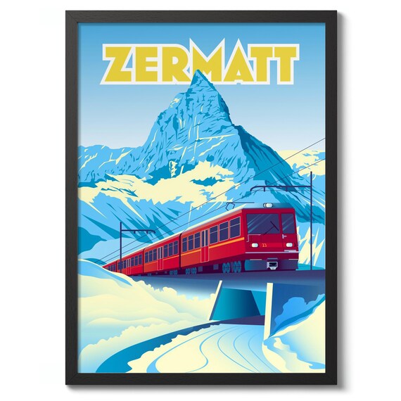 Zermatt Matterhorn Red Train Modern Graphic Alpine Travel Poster