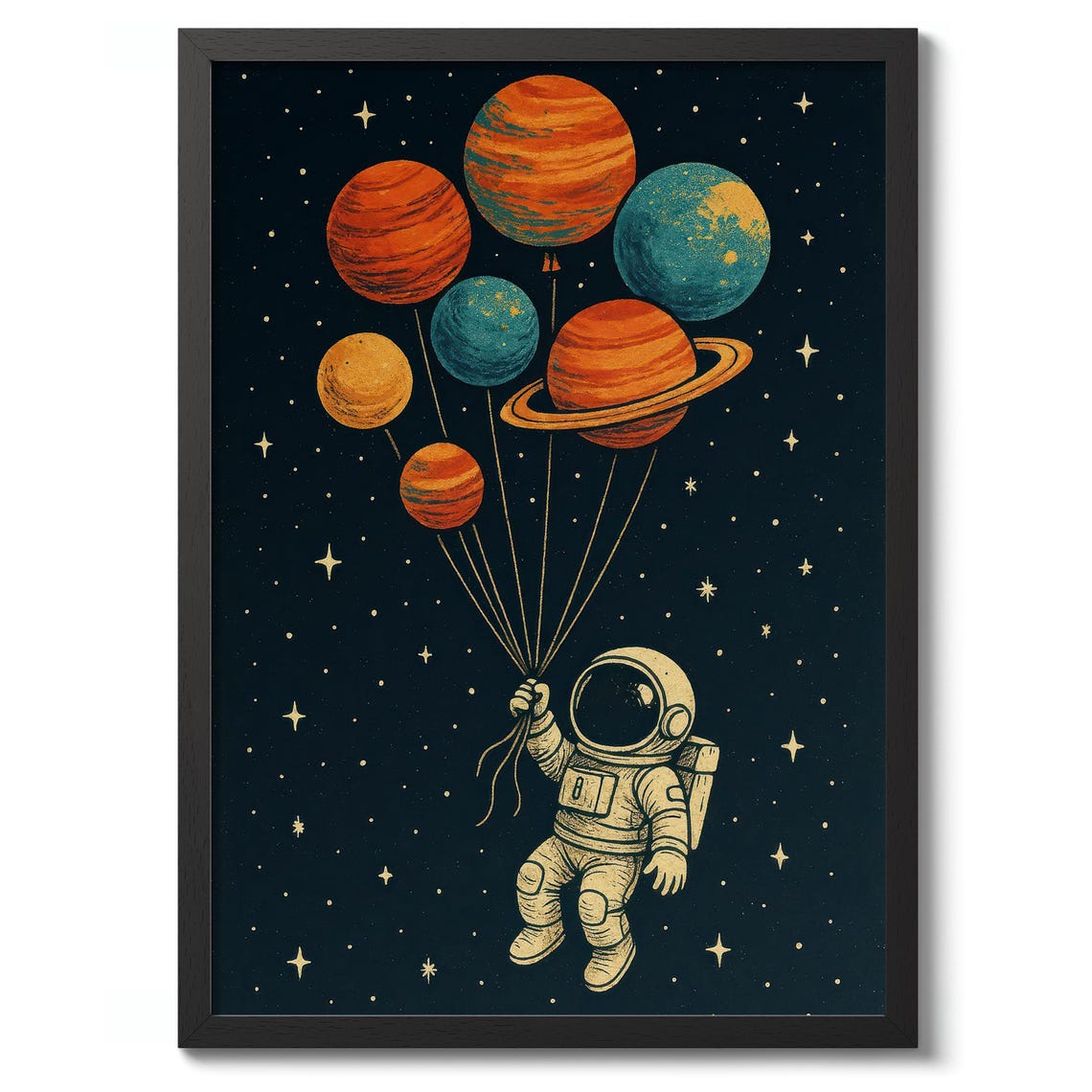 Cute Astronaut Holding Planet Balloons Space Nursery Art Poster