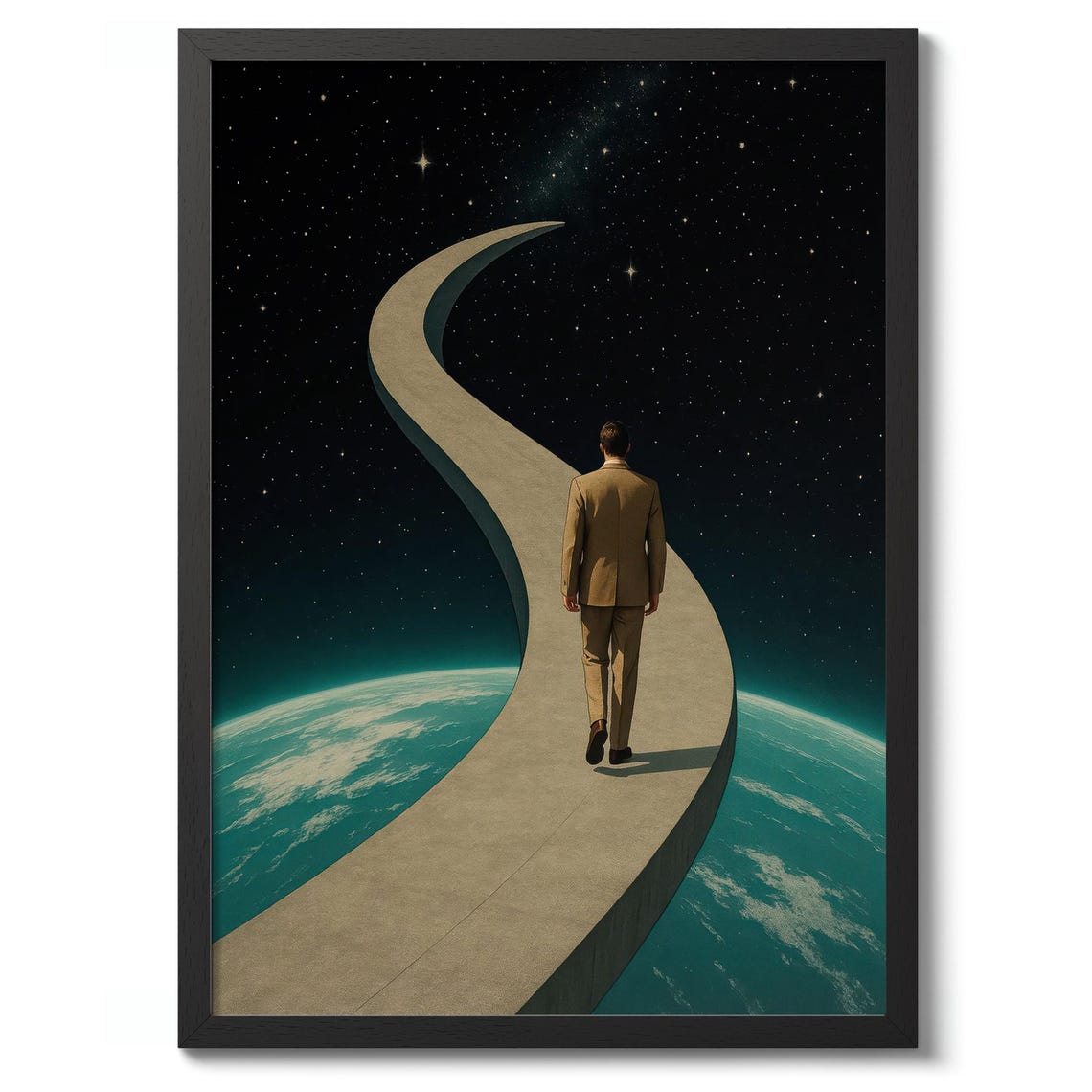Man Walking Cosmic Road Above Earth Surreal Space Art Poster