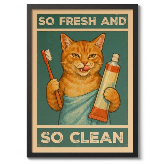 So Fresh And Clean Print Typography Bathroom Joke Poster Funny Cat Wall Art Decor