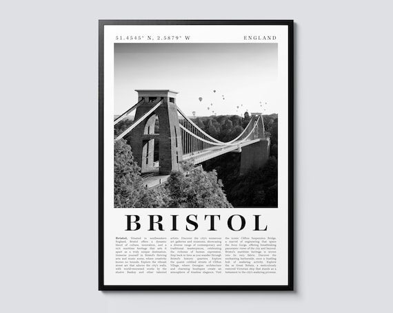 Bristol England Clifton Suspension Bridge Black and White Travel Poster