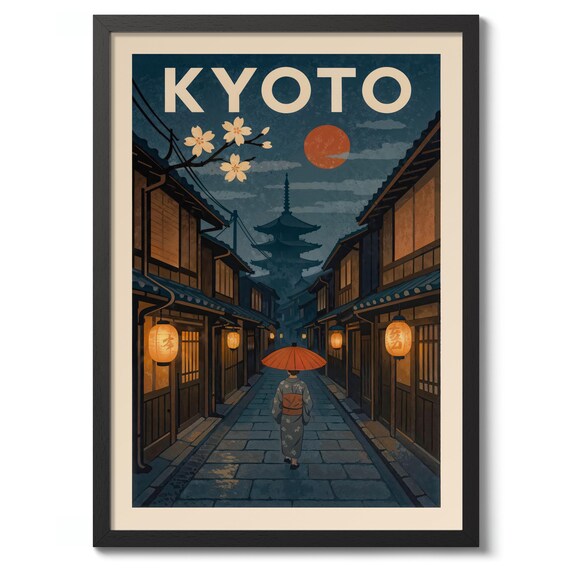 Kyoto Japan Night Street Pagoda Lanterns Red Umbrella Retro Poster