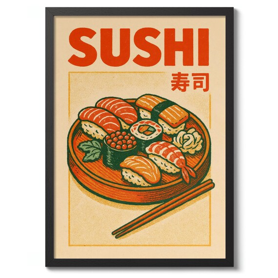 Vintage Sushi Platter Retro Japanese Food Illustration Poster