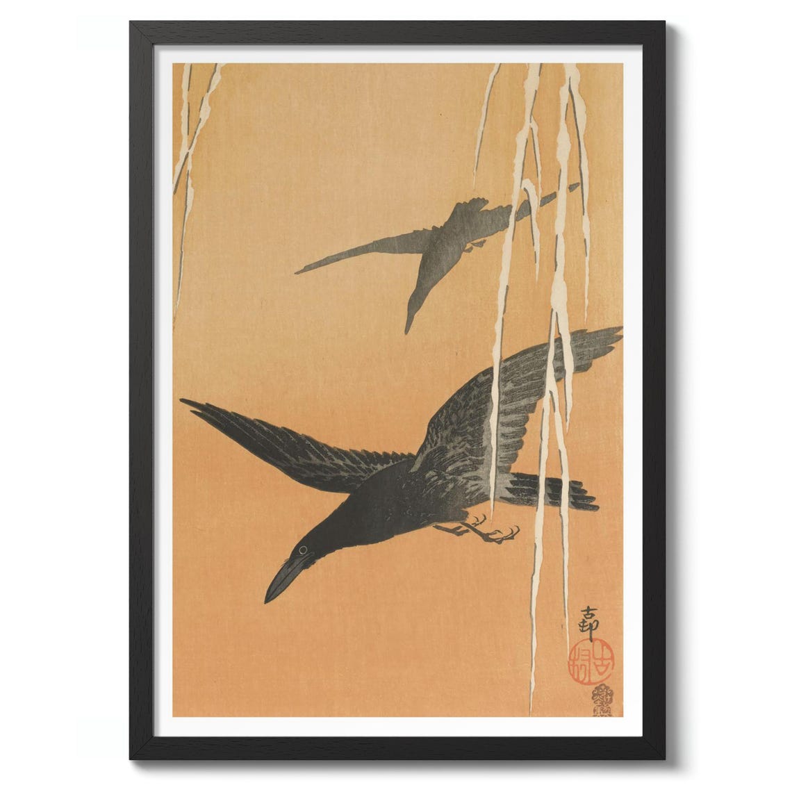 Ohara Koson Two Crows Flying In Winter Snow Traditional Japanese Print
