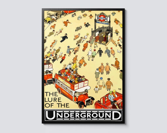 Vintage London Underground Travel Poster Yellow Illustration Wall Art City Train Decor