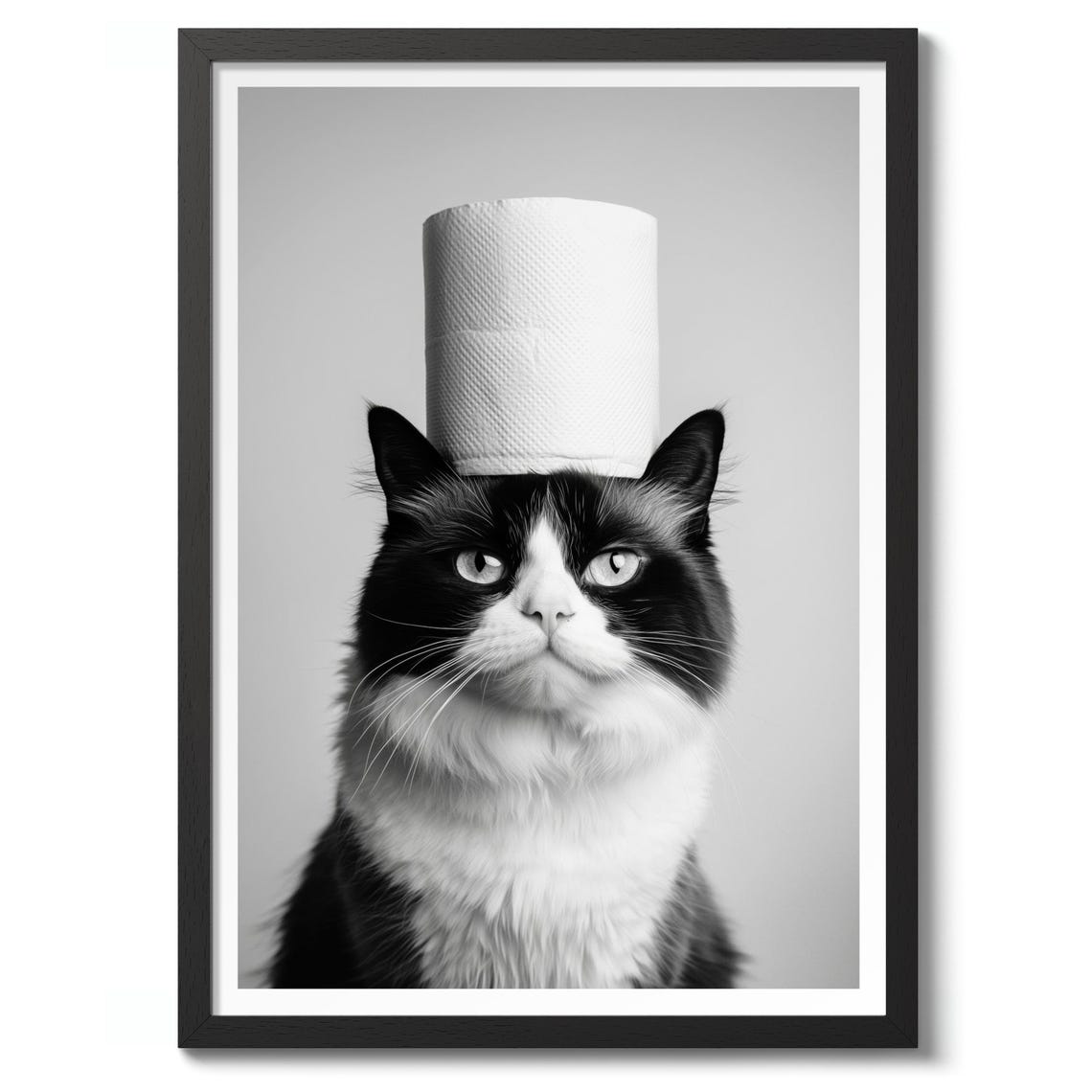 Funny Black and White Cat Poster Toilet Paper Hat Bathroom Art