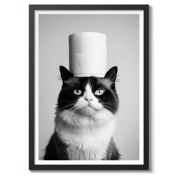 Funny Black and White Cat Poster Toilet Paper Hat Bathroom Art