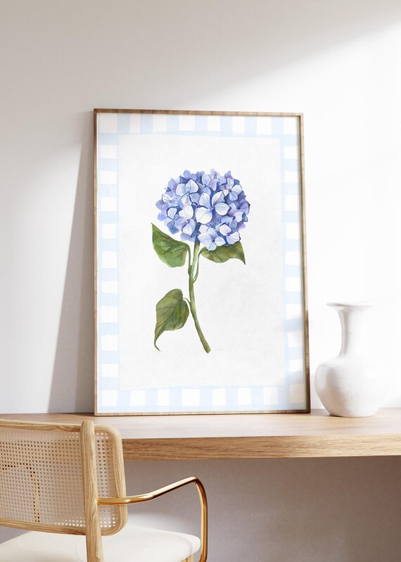 Blue Hydrangea Watercolor Stem Print with Checkered Border Botanical Art
