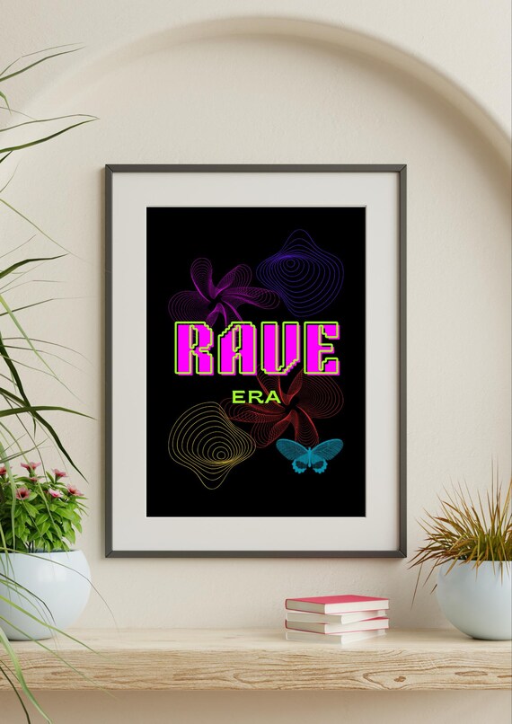 Rave Era Neon Butterfly Wireframe Flowers Black Music Room Poster
