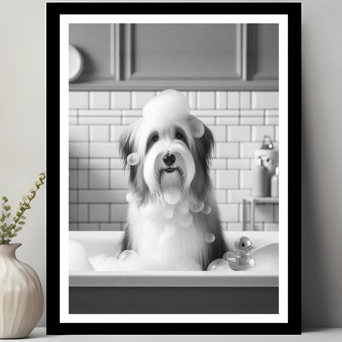 Bearded Collie Wall Art Funny Bathroom Decor Pet Portrait Dog In Toilet Gift Bubble Bath
