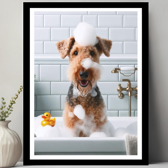 Airedale Terrier Wall Art Funny Bathroom Decor Pet Portrait Petshop Dog Gift In Bubble Bath