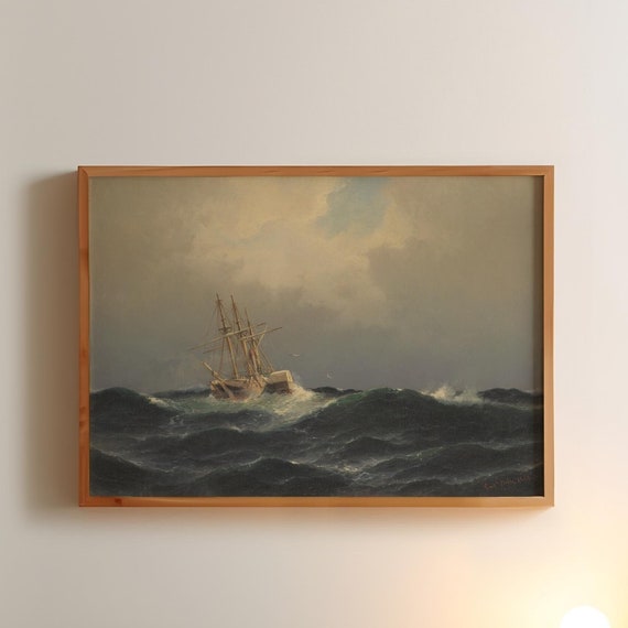 Vintage Fishing Boat At Sea Oil Painting Print Moody Rustic Farmhouse Ocean Painting Wall Decor Antique Art Cabin Cottage Scenery Wall Art