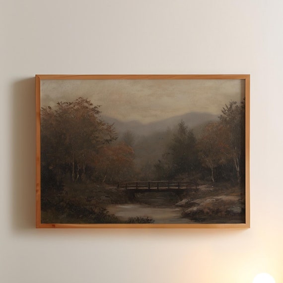 Vintage Forest In Fall Landscape Oil Painting Print Moody Rustic Farmhouse Wall Decor Antique Lake Art Cabin Cottage Scenery Wall Art Gift