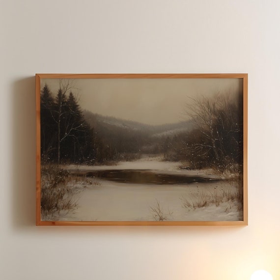 Vintage Winter Forest Oil Painting Print Moody Rustic Farmhouse Wall Decor Antique Frozen Lake Art Cabin Cottage Scenery Wall Art Gift