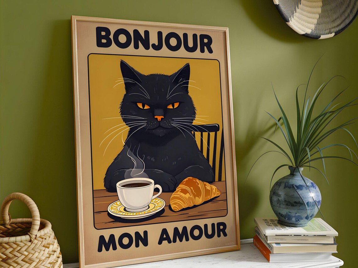 Bonjour Mon Amour Cat Portrait, Retro Style