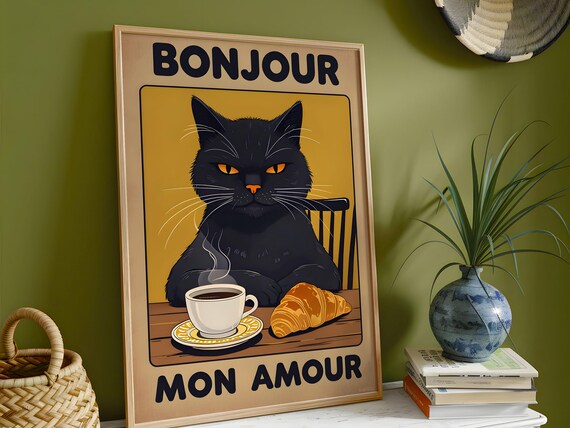 Bonjour Mon Amour Cat Portrait, Retro Style