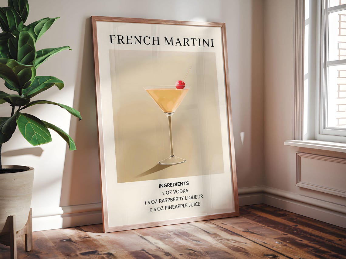 French Martini Cocktail Recipe Retro Bar Ingredient Wall Poster