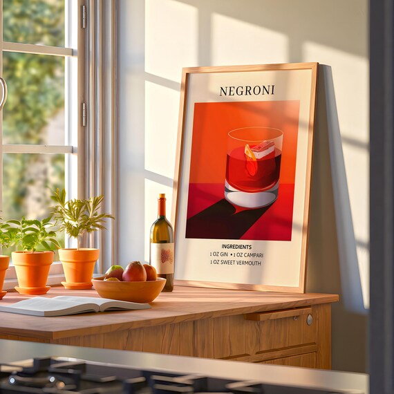 Negroni Cocktail Recipe Retro Bar Ingredient Wall Decor Poster