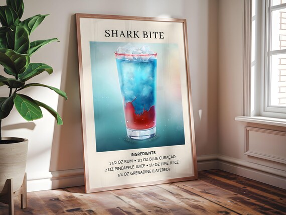 Shark Bite Blue Curacao Cocktail Recipe Ingredients Bar Decor Poster
