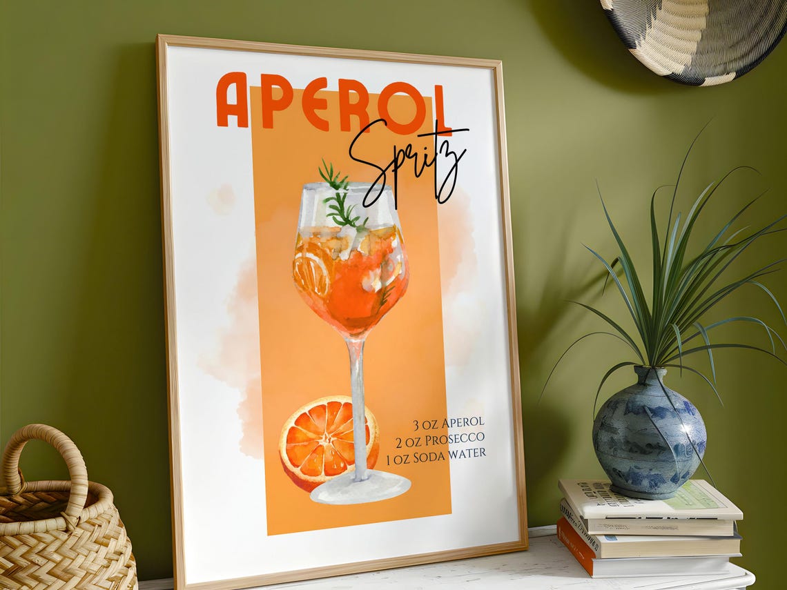 Aperol Spritz Watercolor Cocktail Recipe Print With Orange Citrus