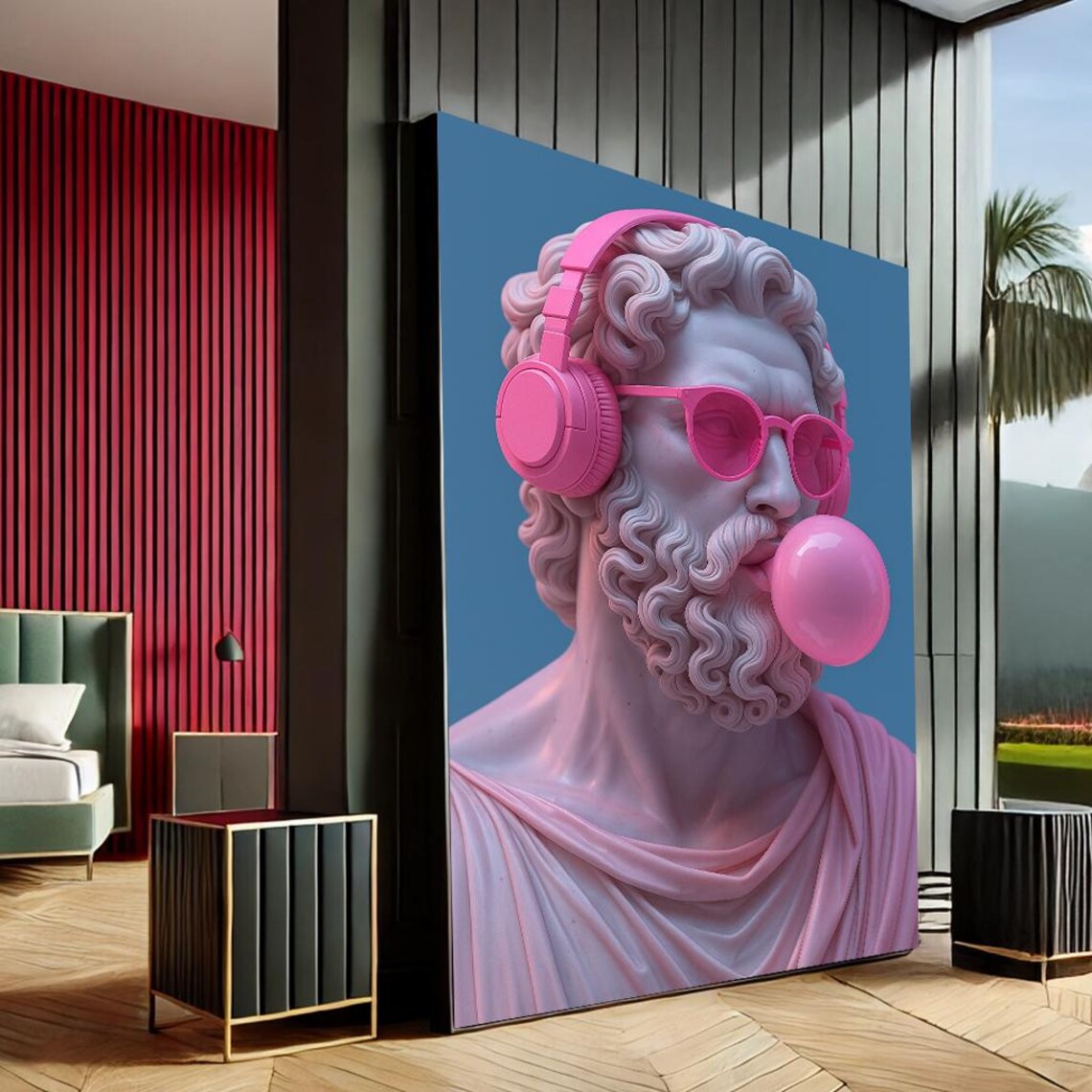 Greek Statue Pink Headphones Bubblegum Modern Pop Art Wall Art