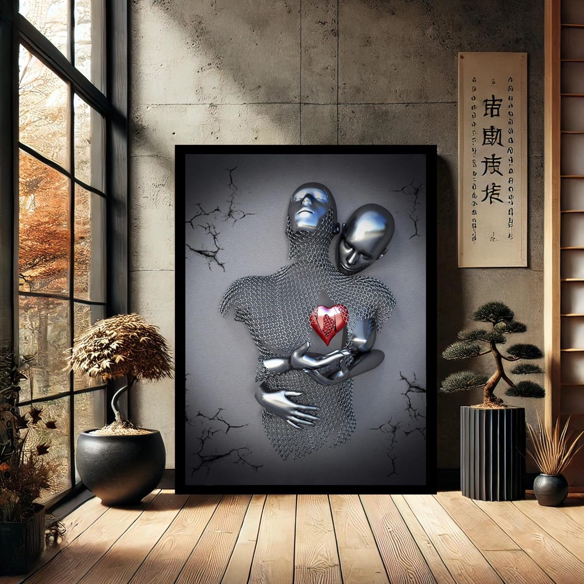 Metallic Cuddling Couple Hug Lovers Romantic Home Decor Canvas Wall Art Modern Print Abstract For