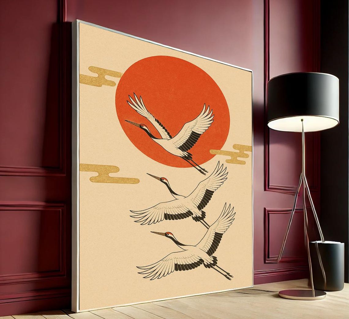Three Japanese Cranes Red Sun Birds Vintage Style Art Poster