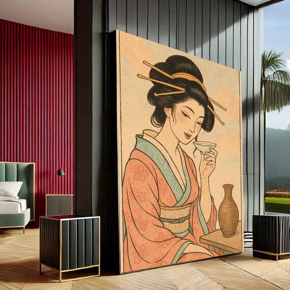 Elegant Japanese Geisha Canvas Wall Art Print Zen Living Room Decor Statement Piece