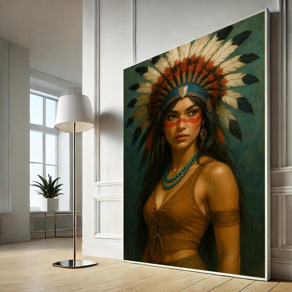 Woman Feathered Headdress Portrait Tribal Inspired Canvas Poster