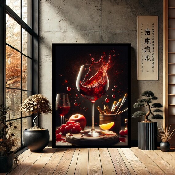 Red Wine Splash Glass Dramatic Pour Dark Background Art Poster