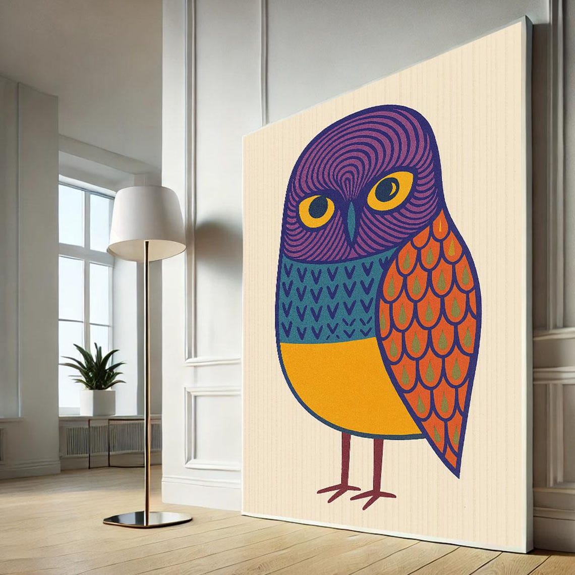 Vibrant Owl Abstract Canvas Wall Art Print Colorful Living Room Decor Statement Piece