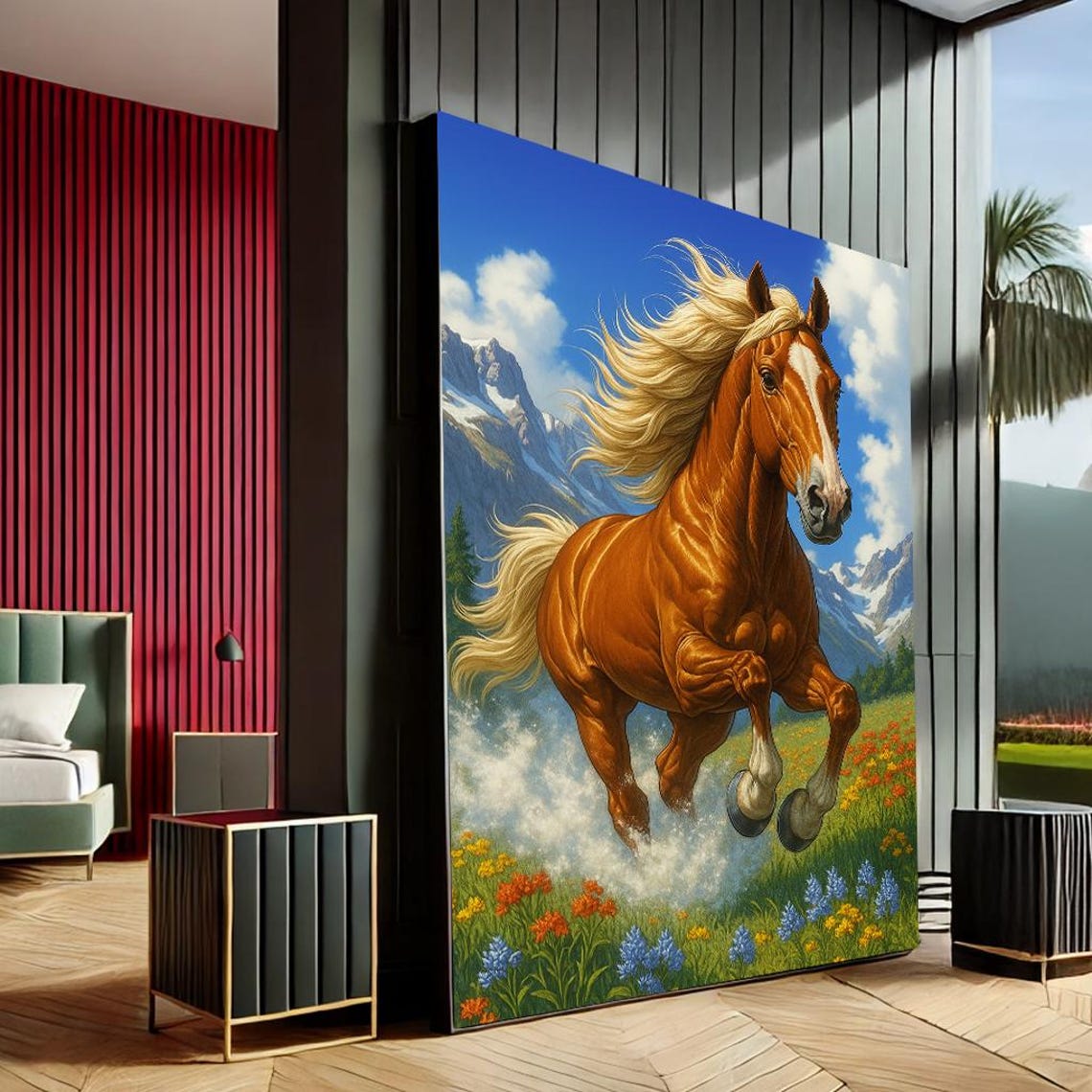 Majestic Chestnut Horse Mountain Meadow Wildflowers Nature Poster