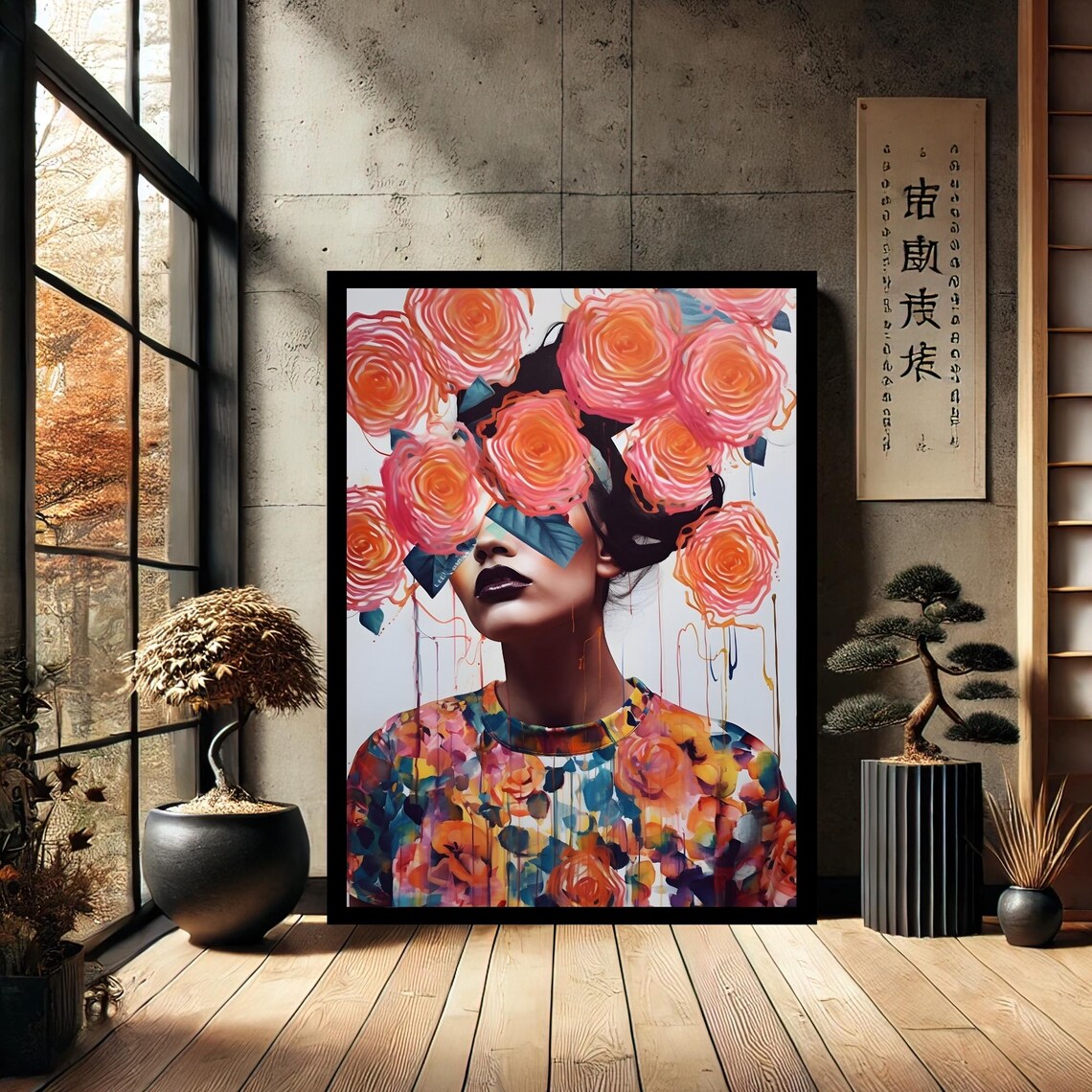 Woman with Coral Roses Over Eyes Colorful Modern Floral Portrait Poster