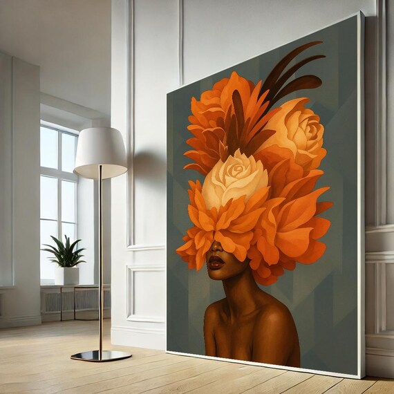 Woman with Orange Rose Headdress Fiery Floral Portrait Art Poster