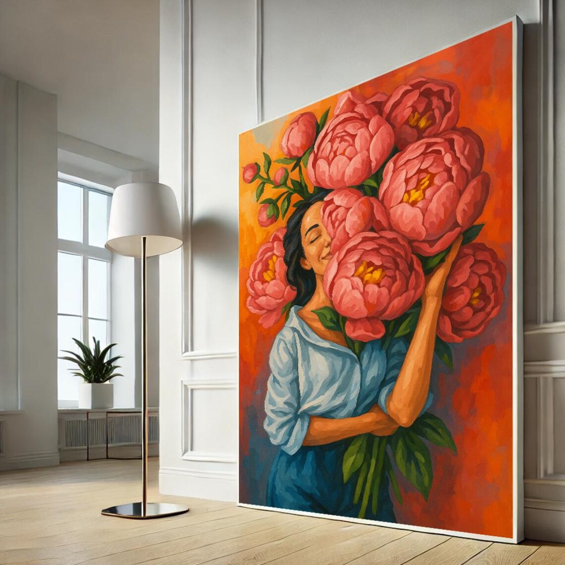Romantic Woman with Pink Peonies Bold Orange Floral Art Print