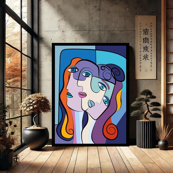 Colorful Cubist Woman Faces Blue Purple Abstract Portrait Poster