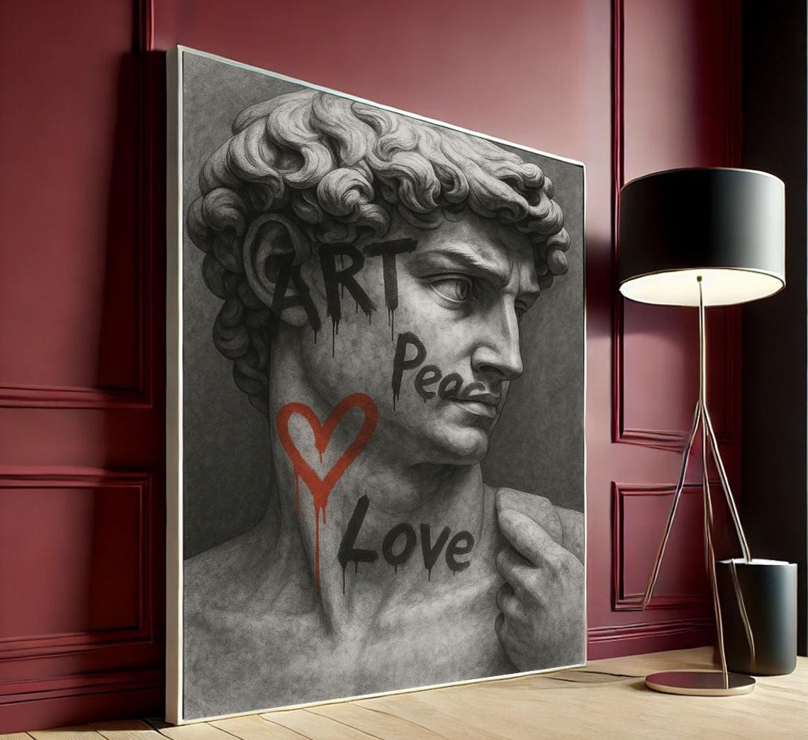 Michelangelo David Statue Graffiti Art Peace Love Heart Poster