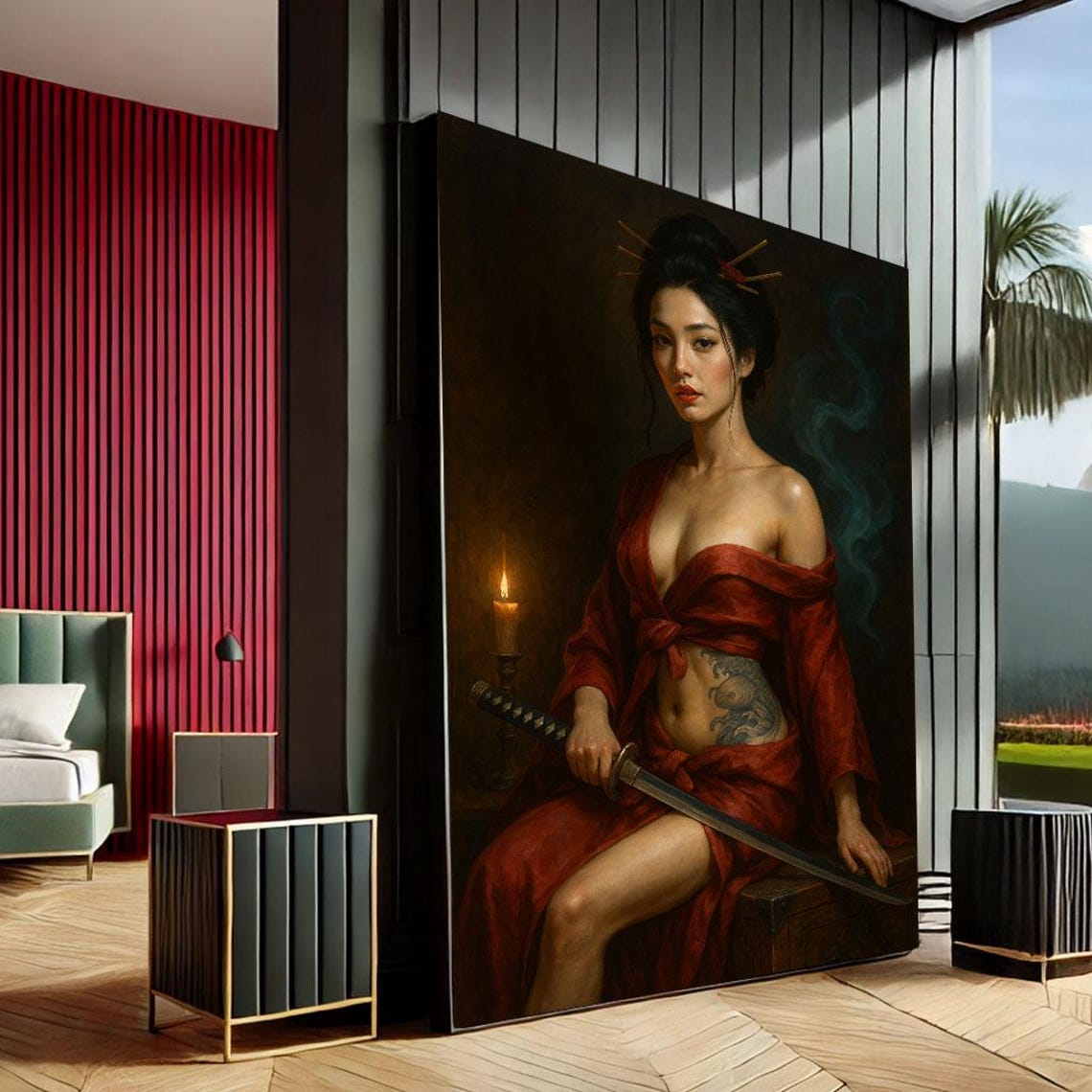 Japanese Geisha Warrior Red Kimono Katana Sword Dark Moody Print
