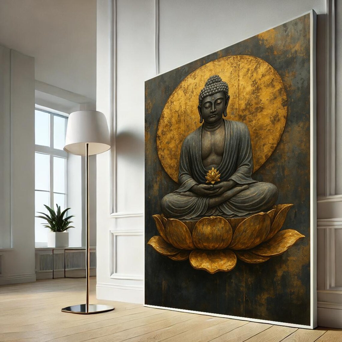 Golden Buddha Lotus Meditation 3D Sculpted Zen Spiritual Poster