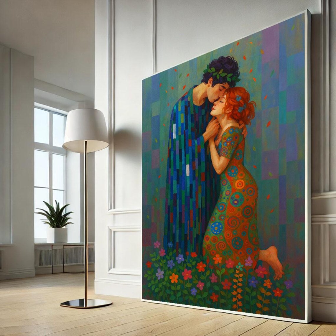 Colorful Mosaic Embracing Lovers Kiss Red Hair Floral Art Poster