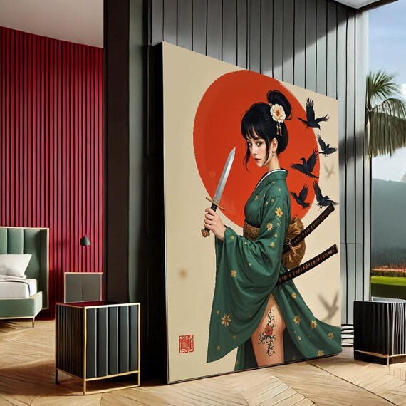 Green Kimono Warrior Woman Red Sun Japanese Samurai Wall Art