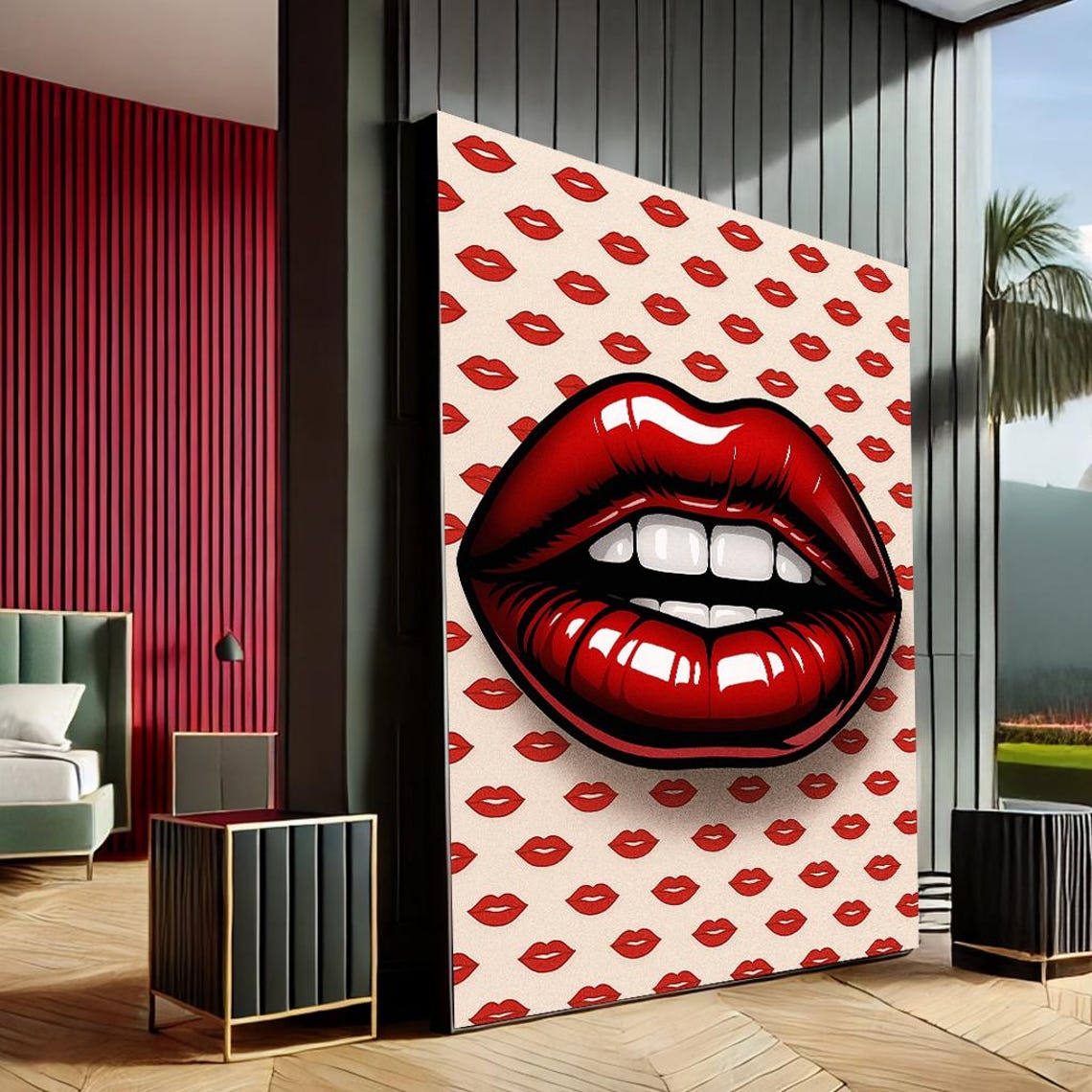 Bold Red Lips Pop Art Poster Glossy Kiss Pattern Glamour Statement